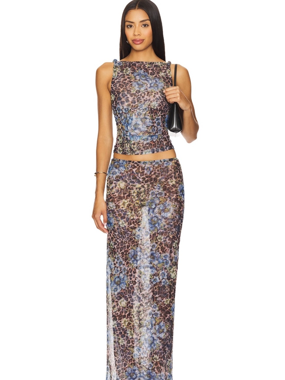 superdown Brown and Blue Floral Leopard Print Maxi Skirt Set